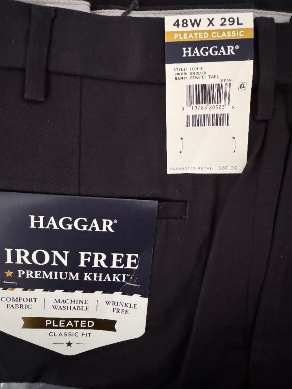 Haggar Mens 48x29 Iron Free Premium Khaki Black Pleated Classic Fit NWT